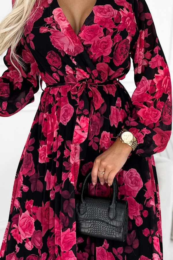 Sukienka plisowana midi Czarna w CZERWONE Róże Rozalia
