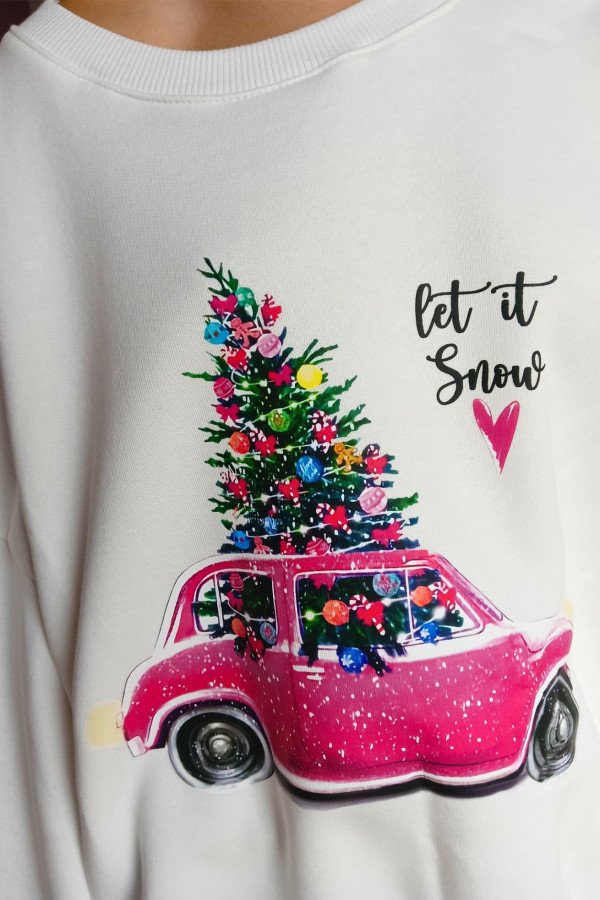 Bluza Świąteczna z motywem samochodziku i choinki Biała.